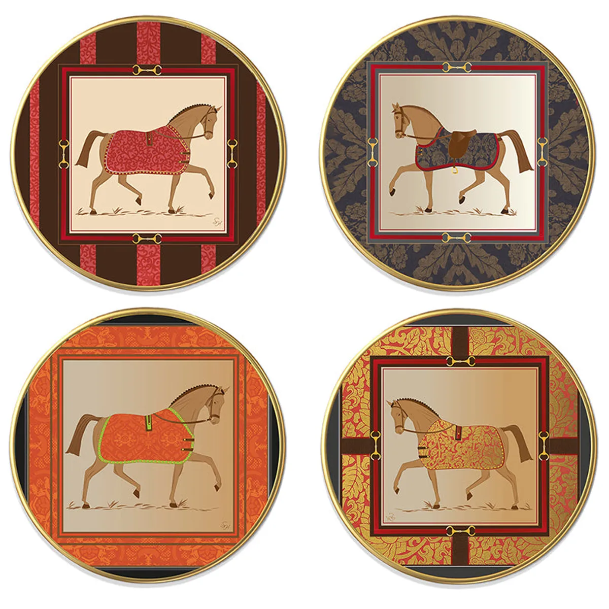 Set of four round wall art pieces with horse illustrations on patterned backgrounds