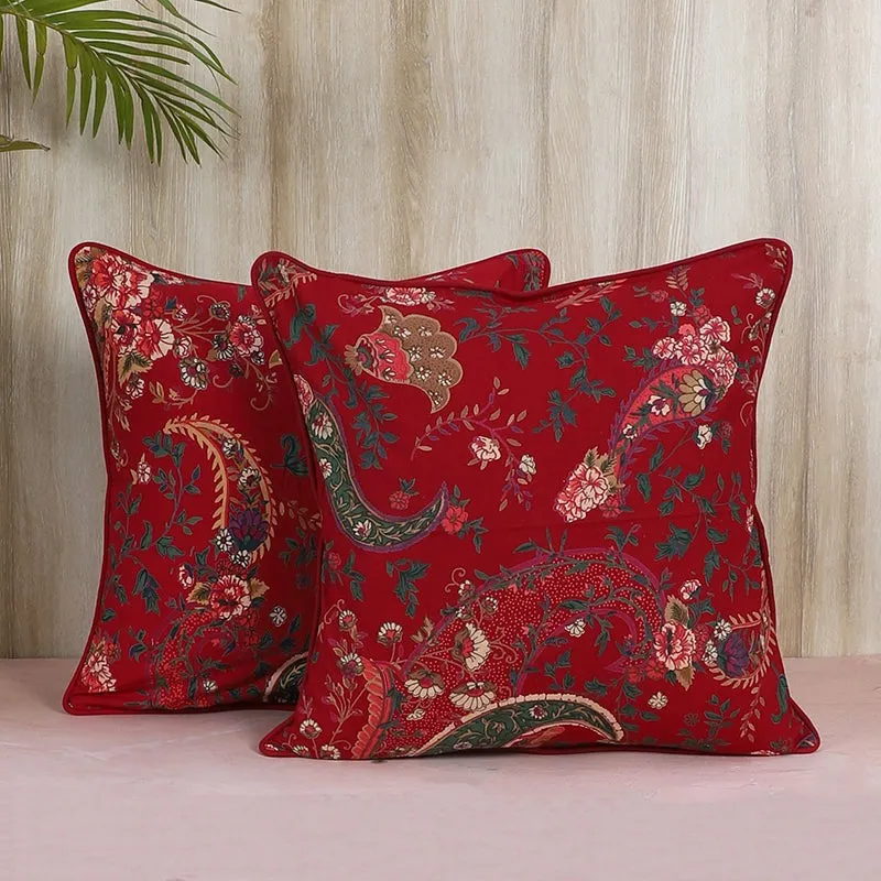 Swayam Crimson Paisley Printed Cotton Cushion Cover - Set of Two media 2