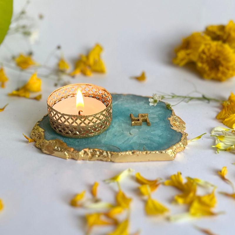 Swastik Handcrafted Agate Tealight Candle Holder - Turquoise media 4