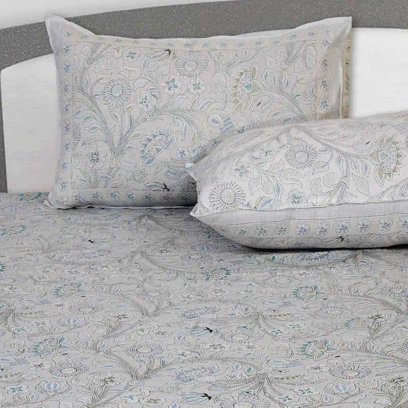 Samuna Floral Cotton Bedsheet (Light Blue,Grey) - 144 TC media 4