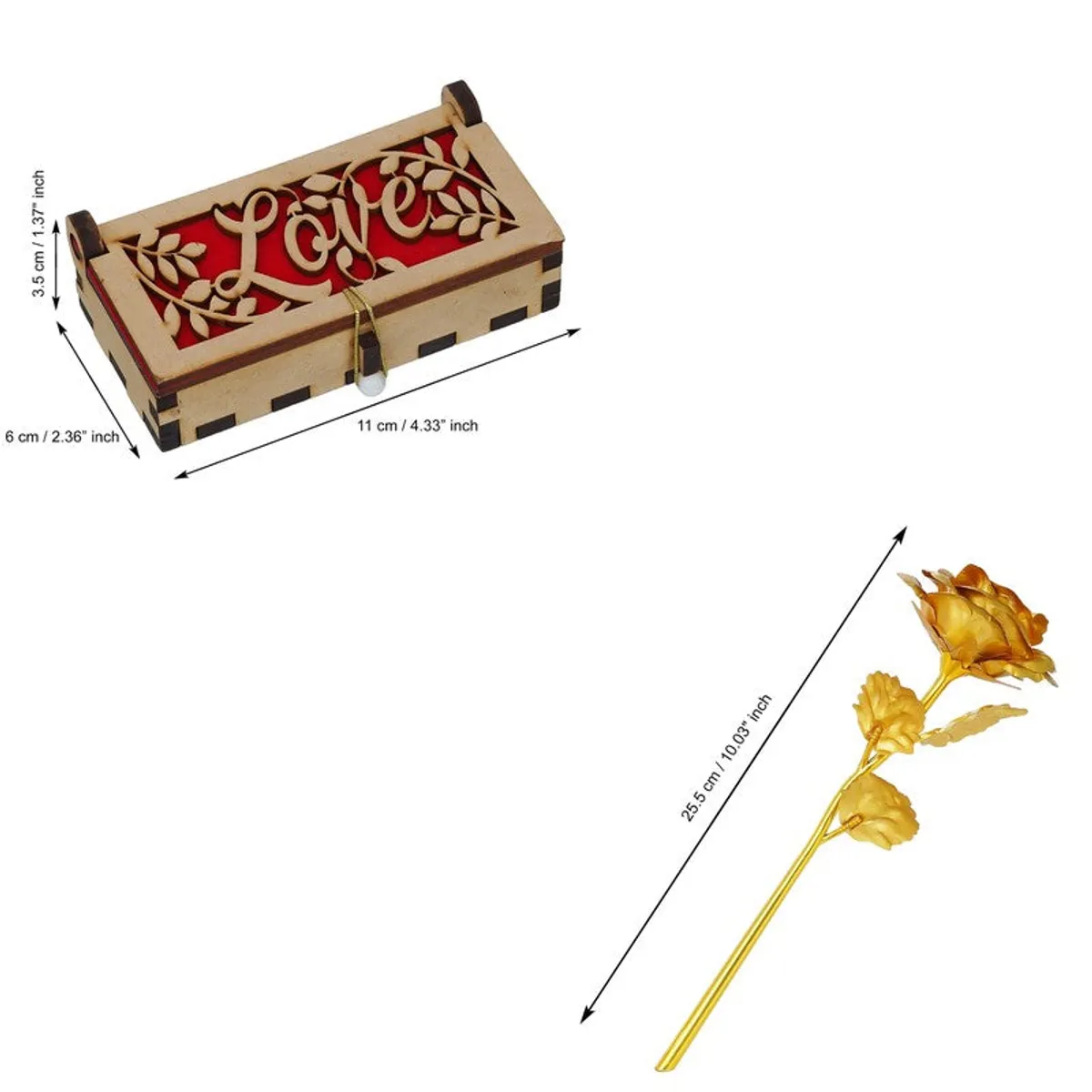 Decorative gift box and golden rose shown together on a white background