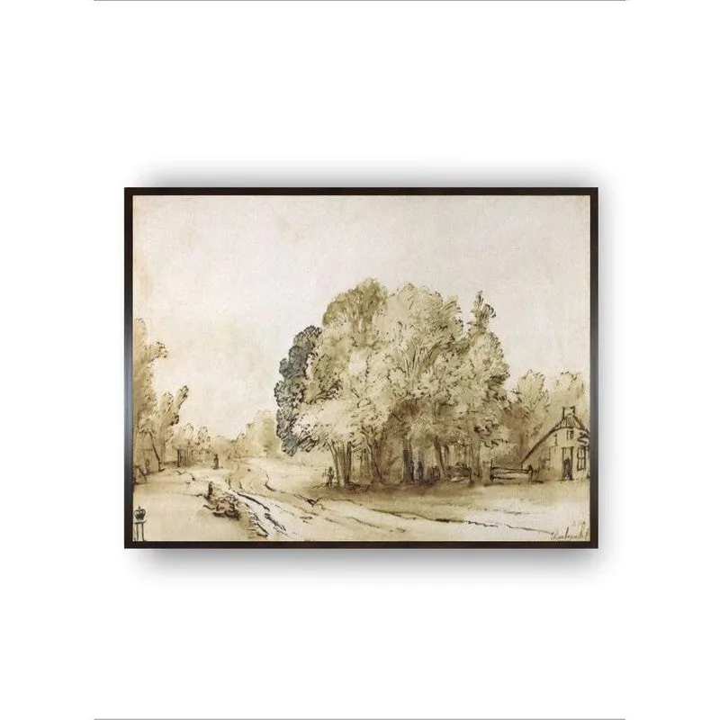 Centered framed village landscape wall art on a plain light background