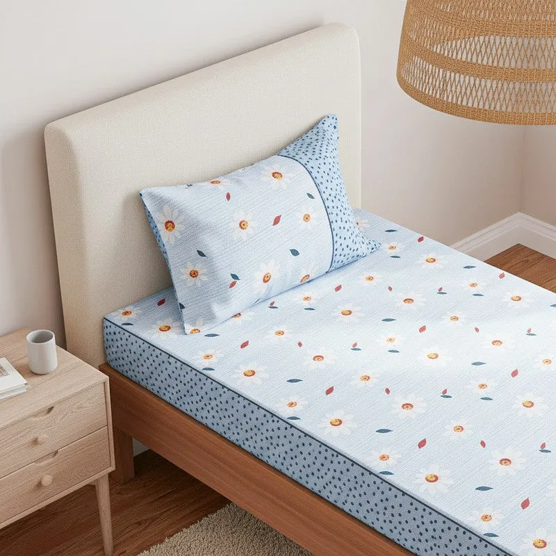 Daisy Blush Printed Cotton Bedsheet (Blue) - 200 TC media 3
