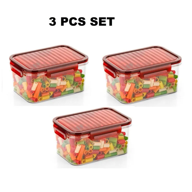 Three matching transparent food containers with red lids displayed as a set