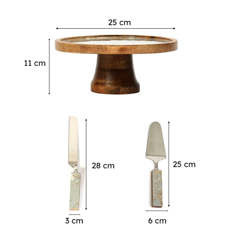 Sterling Flight Mango Wood Cake Stand With Server & Knife - Three Piece Set - 9