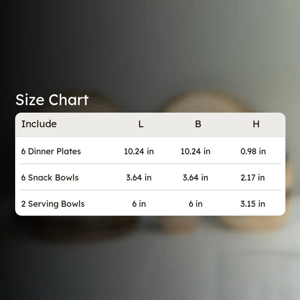 Product size chart graphic for the dinner set