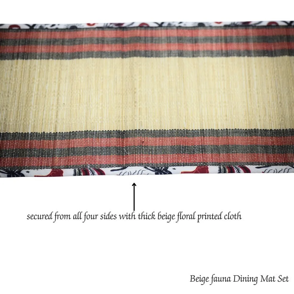 Close-up of the runner's beige bamboo centre and printed striped border