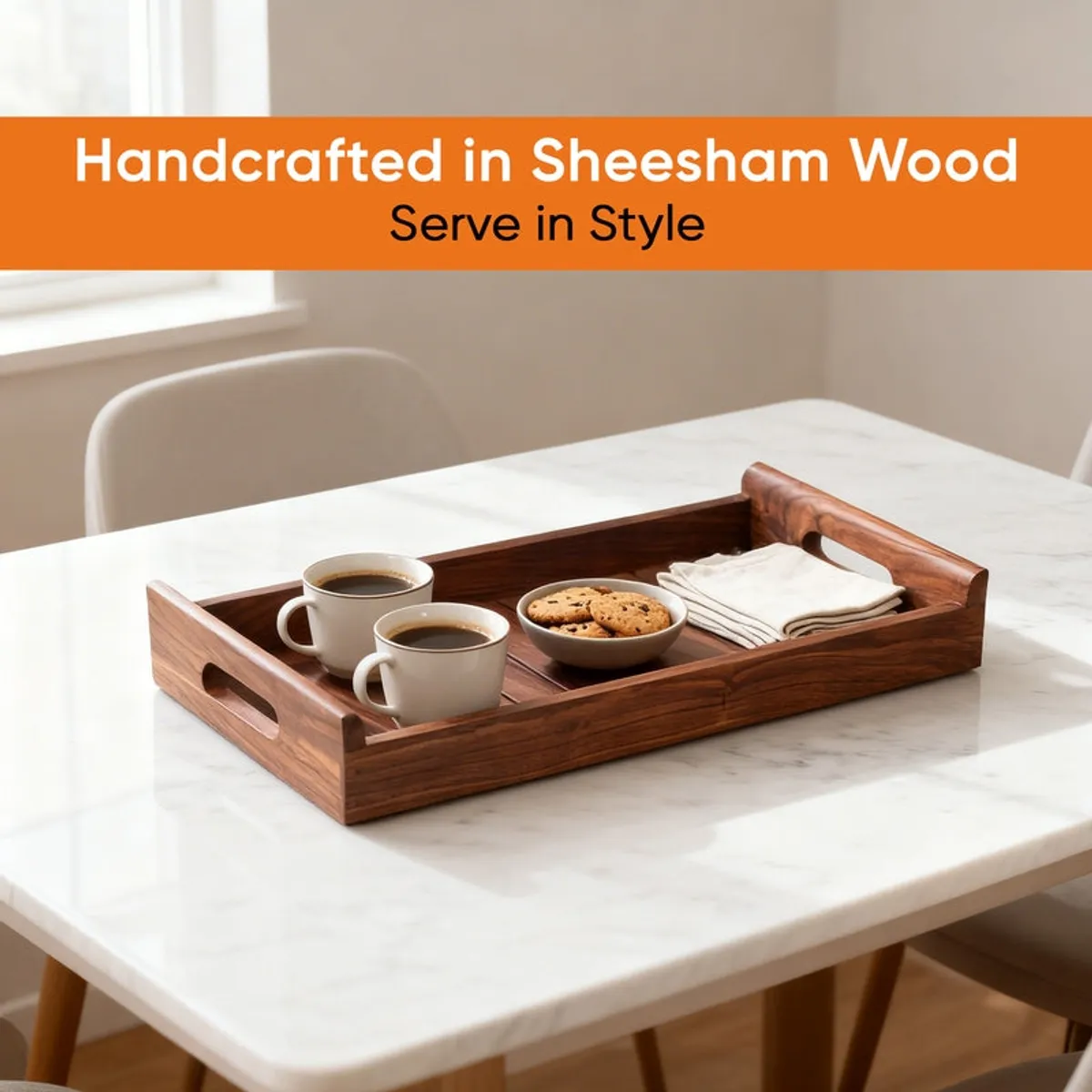 Brown wooden tray holding cups, biscuits and napkins on a dining table