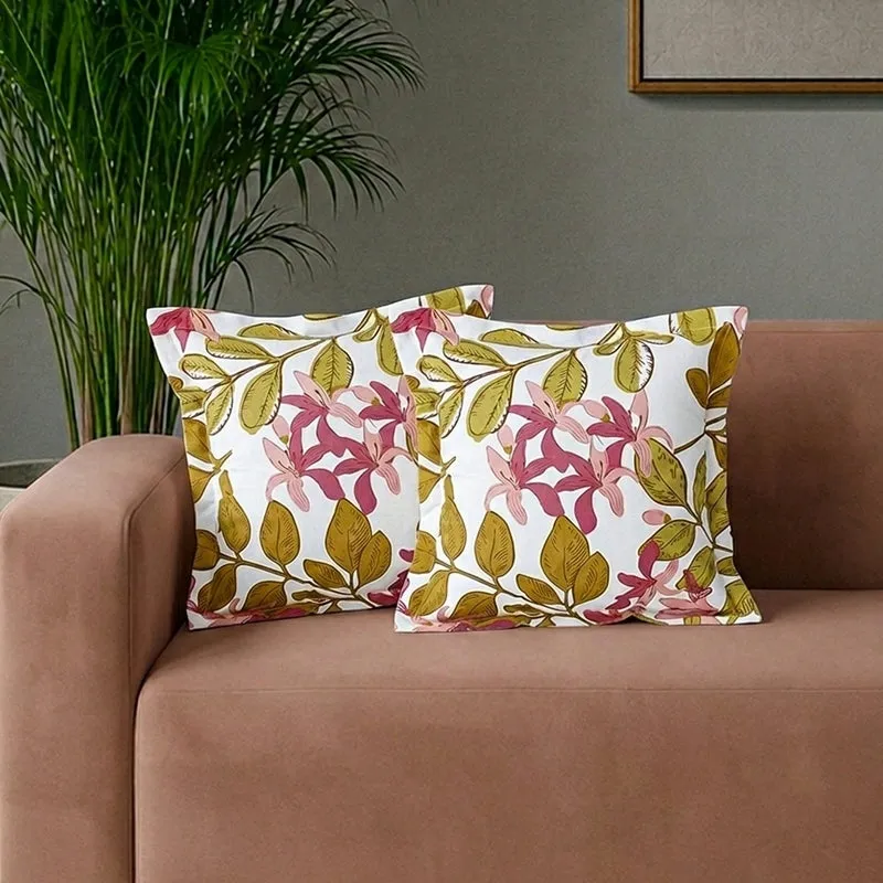 Moringa Cotton Cushion Cover (Pink, Olive Green) - Set Of Two media 1