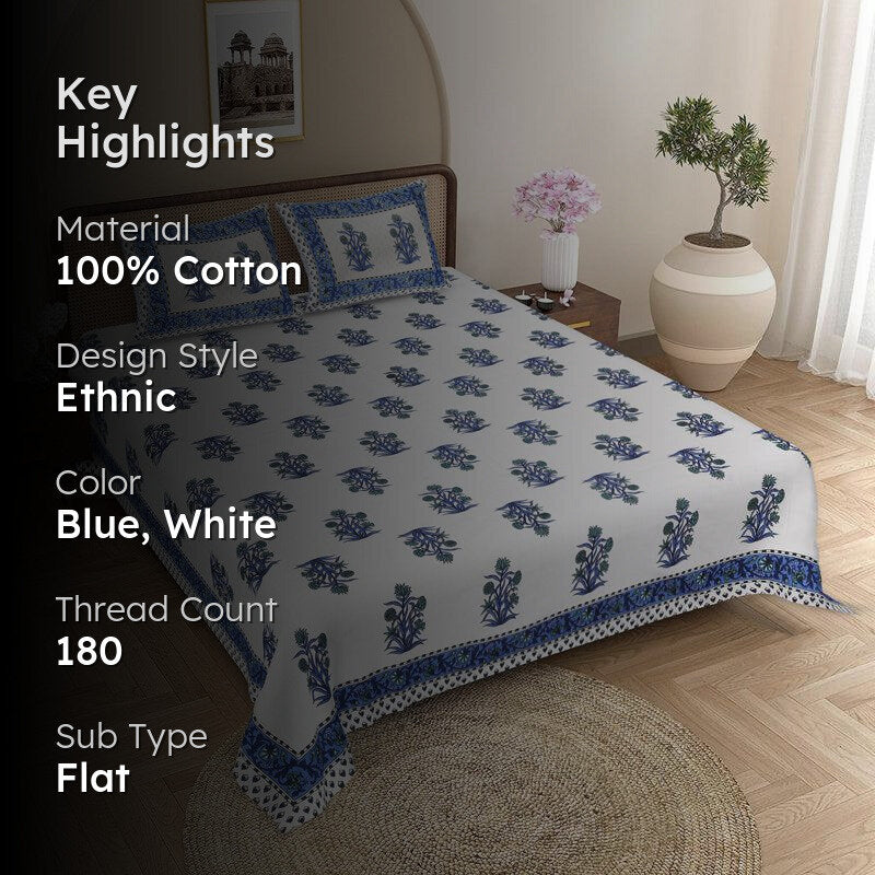 Rajasthani Raj Ethnic Cotton Bedsheet (Blue,White) - 180 TC media 2