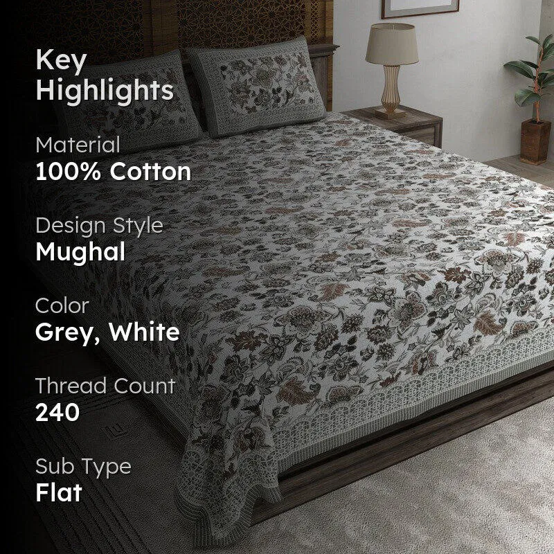 Leafis Cotton Bedsheet (Grey,White) - 240 TC media 2