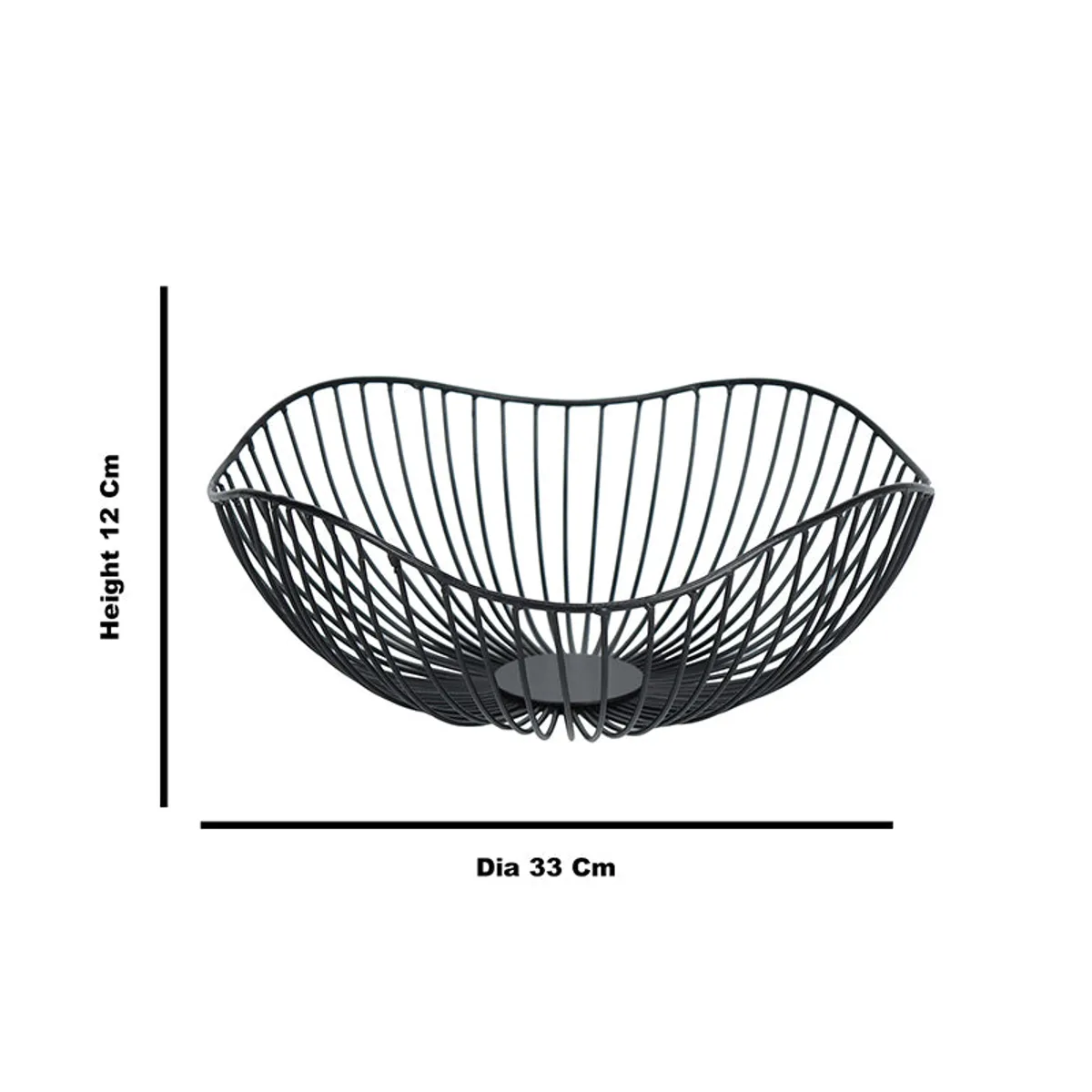 Side view of an empty black open-weave fruit basket