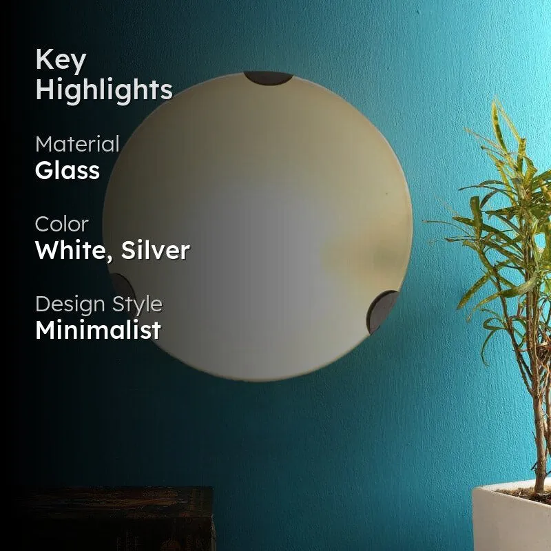 Lit round glass wall lamp on a blue wall with highlight text overlay