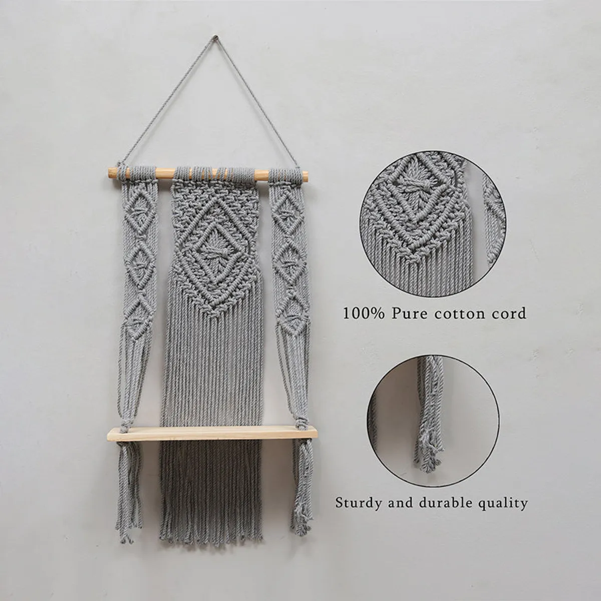 Grey macrame shelf showing its detailed cotton cord texture