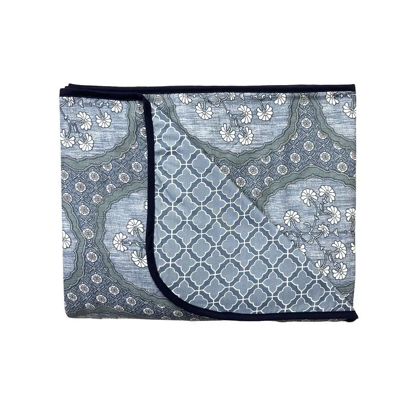 Folded blue reversible dohar showing floral and geometric printed sides