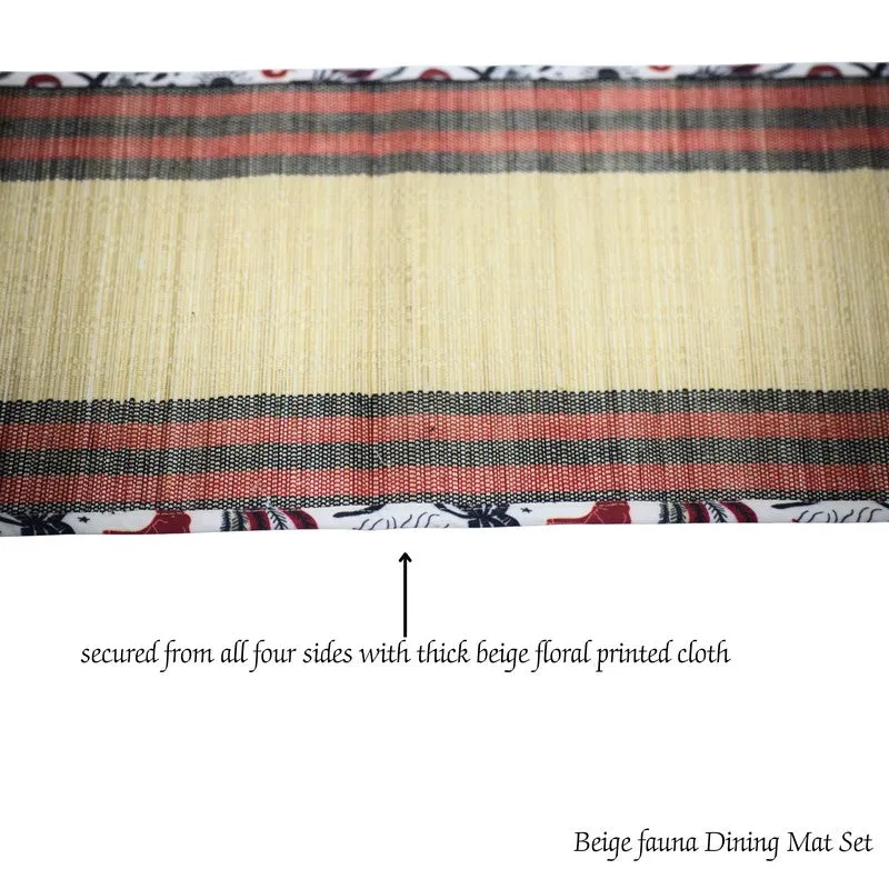 Close-up showing the beige textured surface and striped border of a table mat