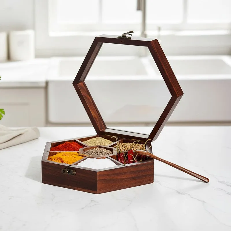 Rasoi Sheesham Wood Hexagon Masala Box - Two Piece Set media 1