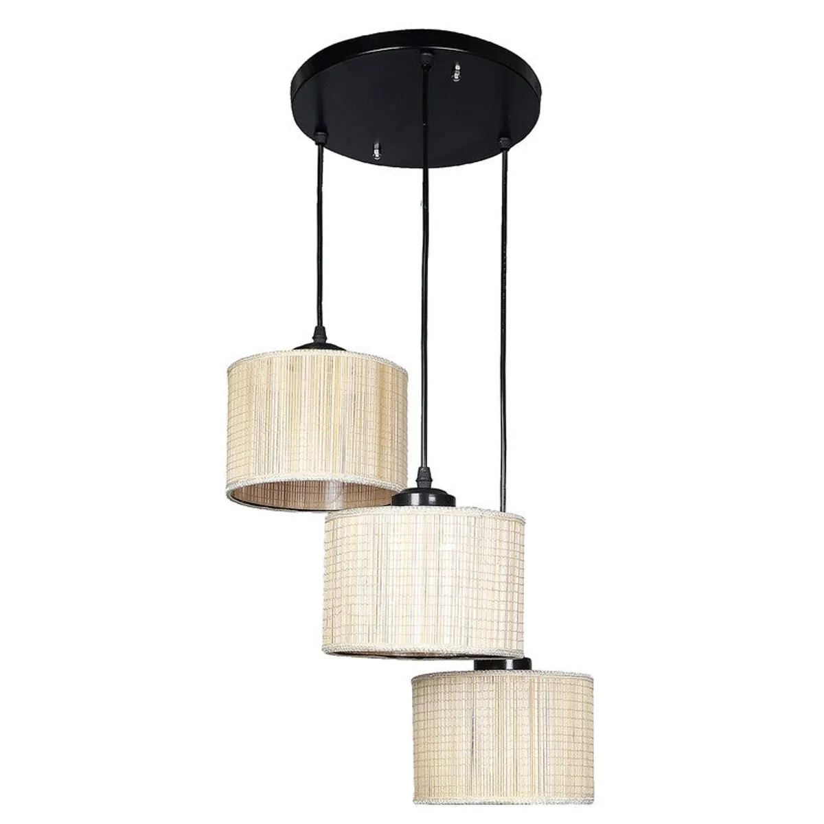 Clustered beige ceiling lamp with three cylindrical shades on white background