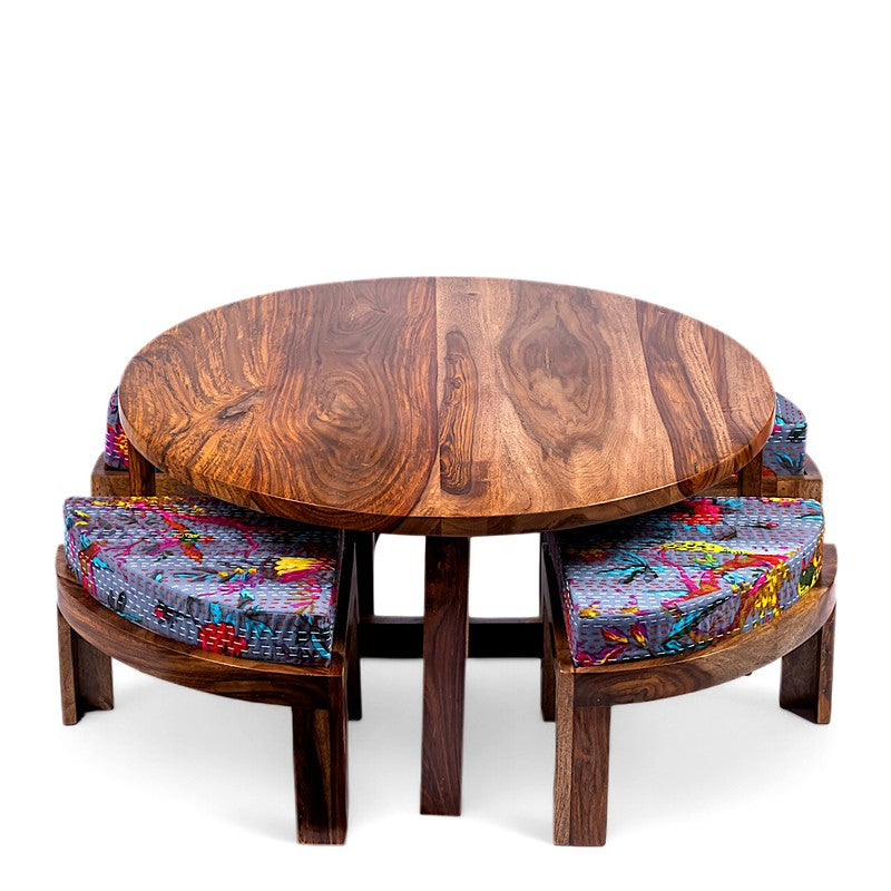 Hervon Sheesham Wooden Center Table with Stools and Cushions (Brown) - Nine Piece Set media 4