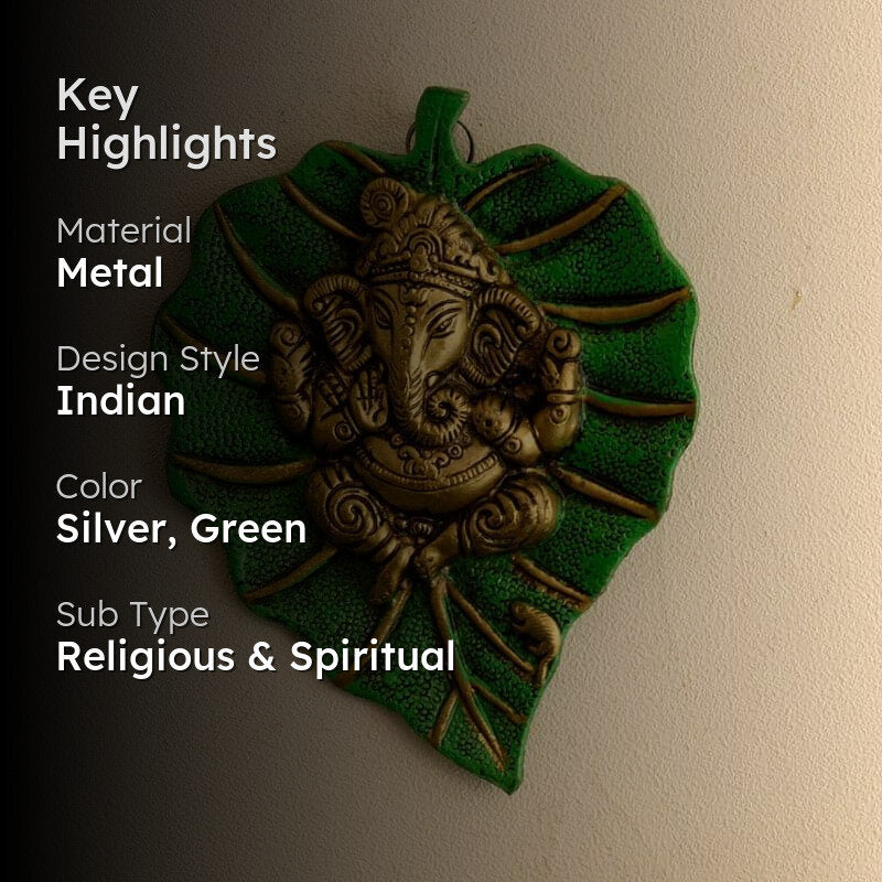 Lord Ganesha On Green Leaf Metal Wall Accent media 2