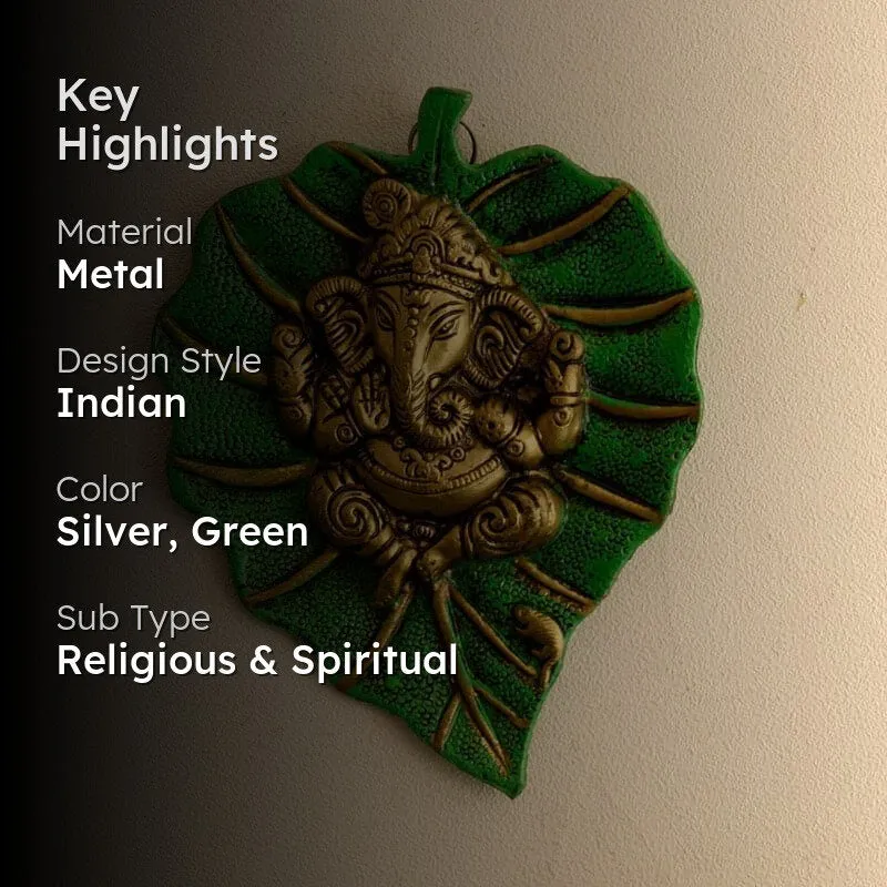 Lord Ganesha On Green Leaf Metal Wall Accent media 2