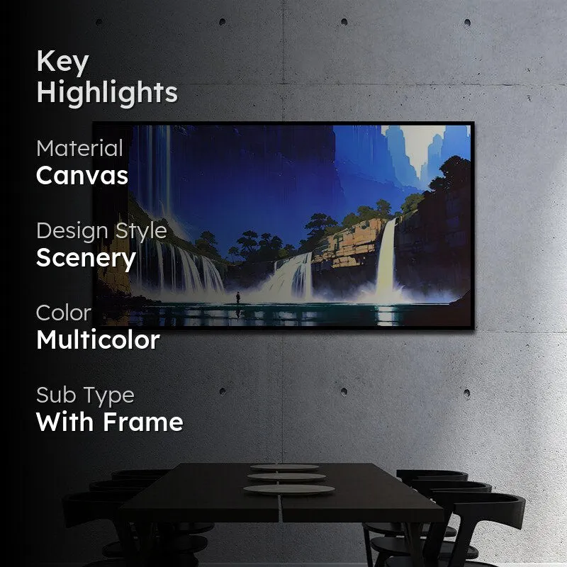 Midnight Waterfalls Landscape Canvas Wall Painting With Frame - Black media 2