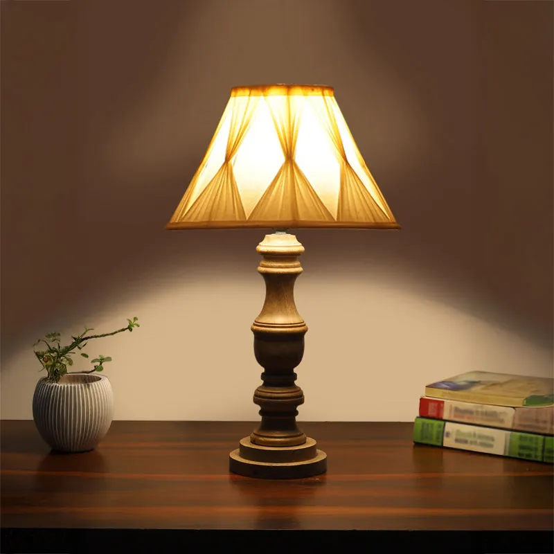 Pleatra Pinch Carve Wooden Table Lamp - Ivory,Brown media 1