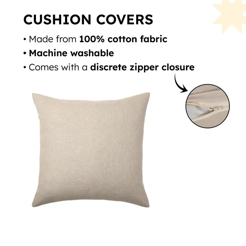 Plain beige square cushion cover with a close-up of the zipper area