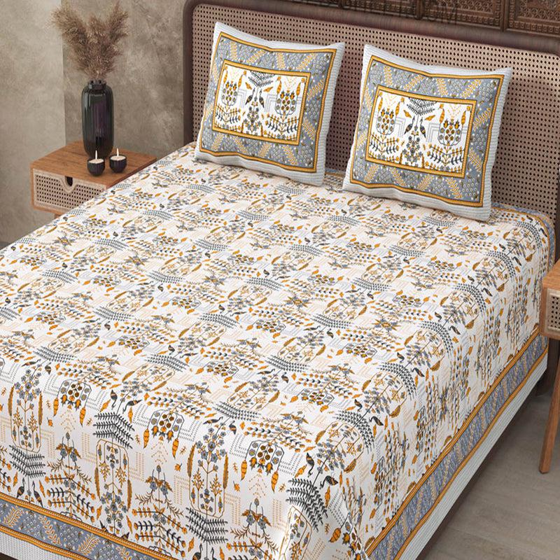 Hara Ethnic Cotton Bedsheet (White,Brown) - 180 TC media 3