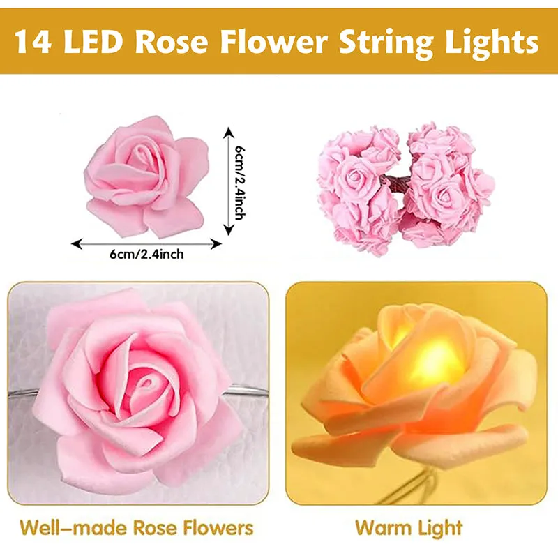 Collage showing pink rose string lights and glowing rose detail