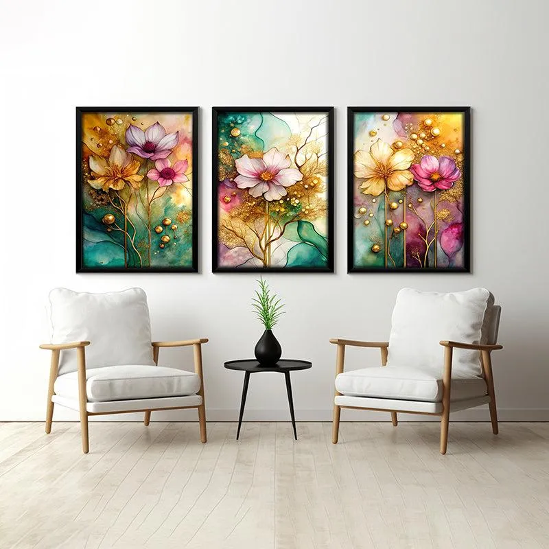 Flowered Mirage Wall Art With Frame - Set Of Three media 1
