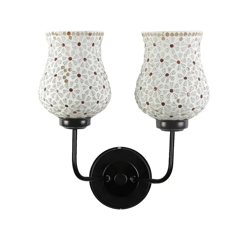 Front view of twin ivory mosaic glass wall lamp on a plain background