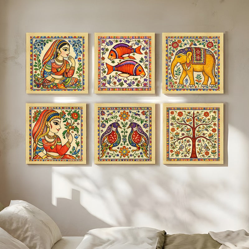 Madhubani Traditional Paper Wall Painting With Frame - Set Of Six