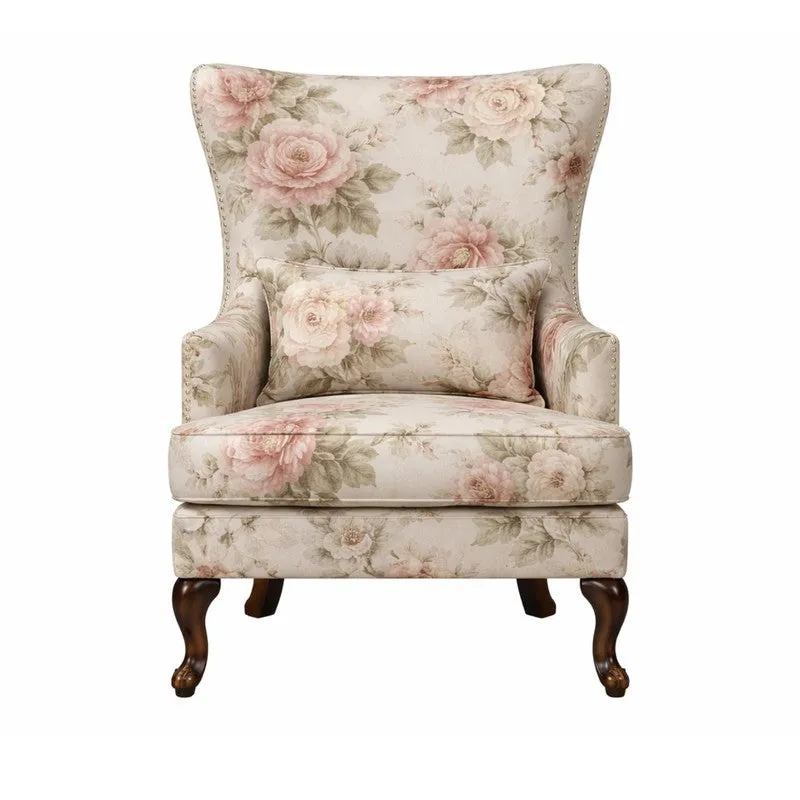 Zenlyx Teak Wood & Velvet Botanical Print Lounge Chair media 3