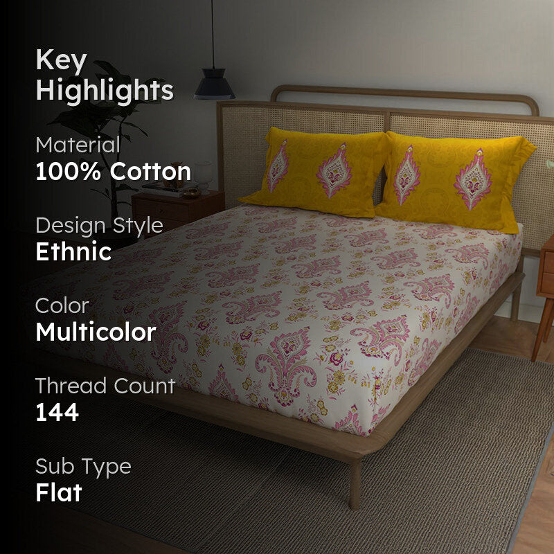 Urban Space Lyssa Cotton Bedsheet (Yellow,Pink) - 144 TC media 2