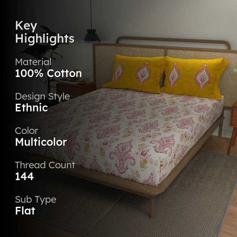 Bedsheet on bed with text overlay highlighting cotton material and ethnic design