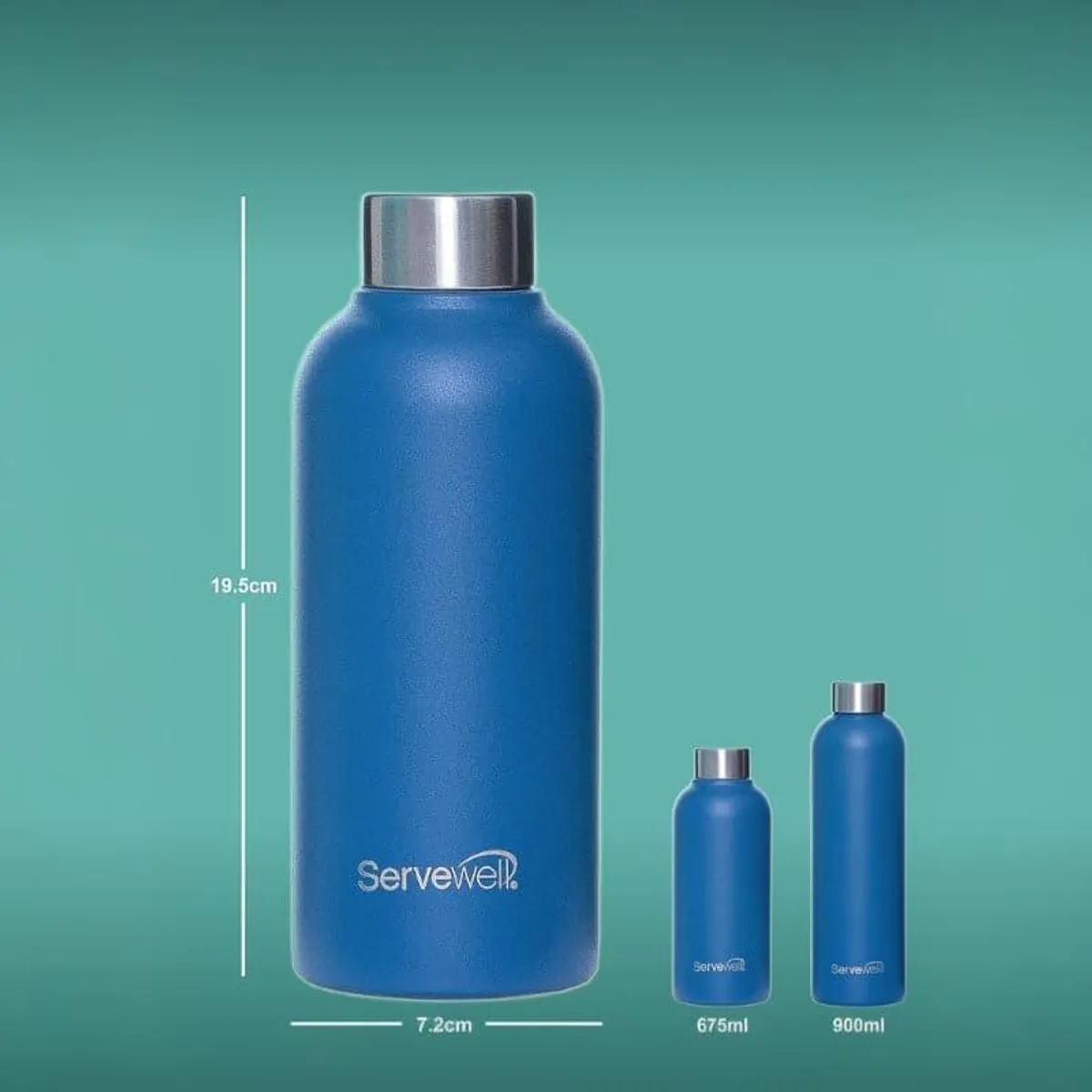 Blue stainless steel bottle with silver cap shown upright against a teal background.