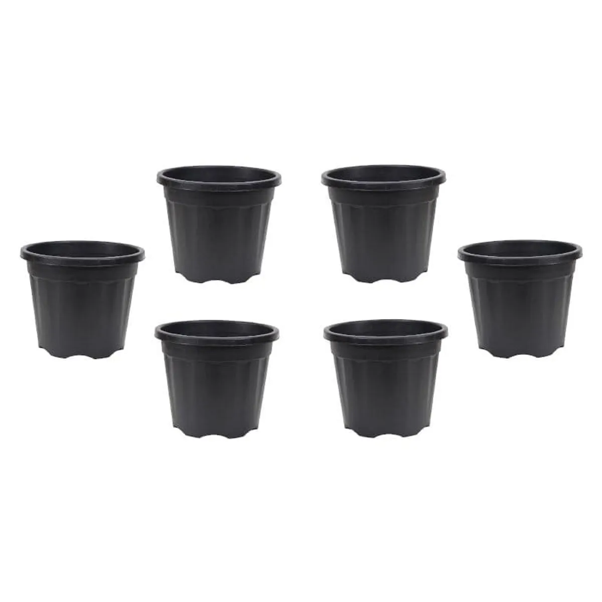 Set of six black plastic pots on a white background