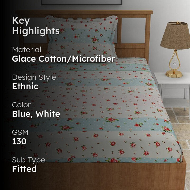 Safro Floral Microfiber Bedsheet (White & Blue) - 130 GSM media 2