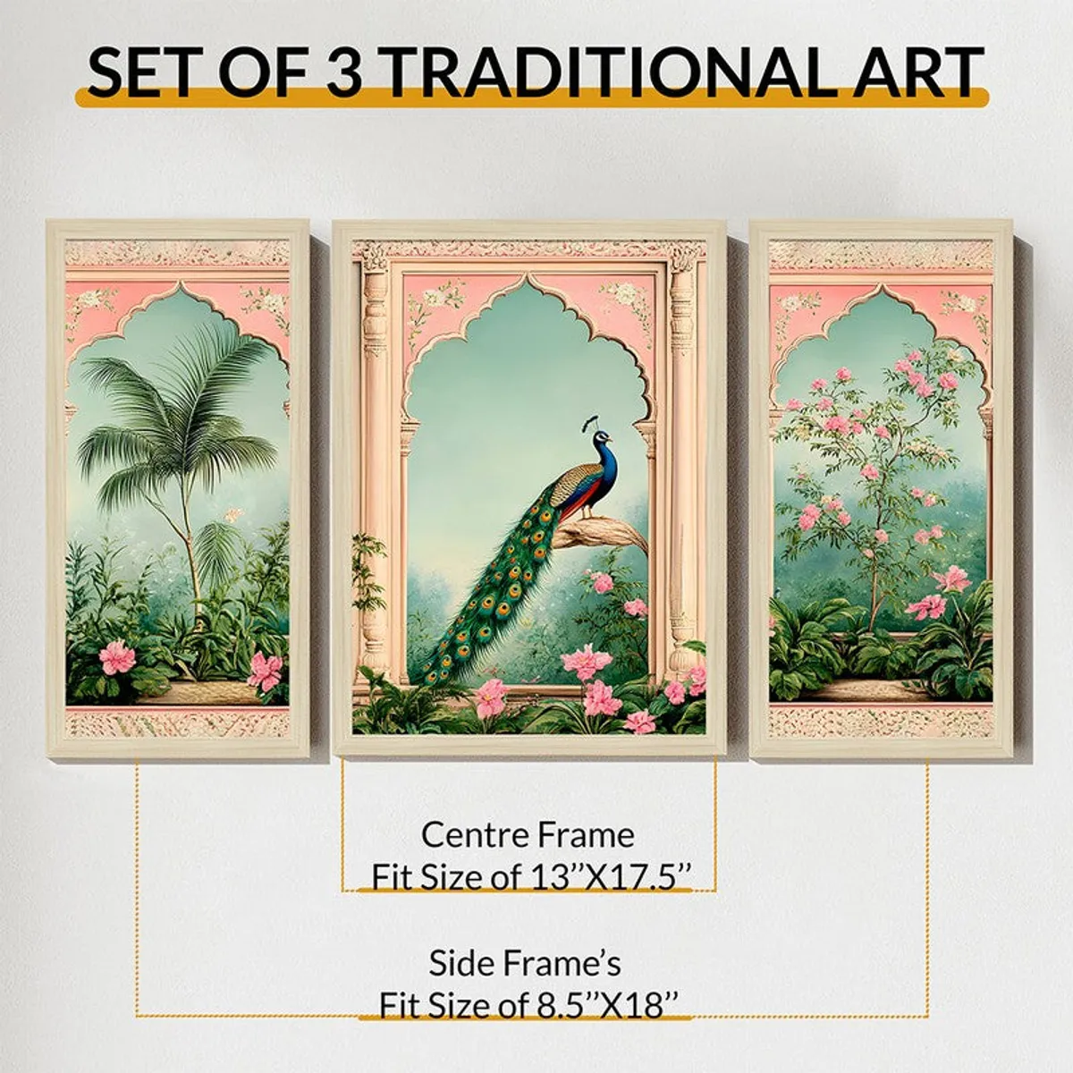 Three framed traditional-style art panels with palm, peacock and flowering tree scenes
