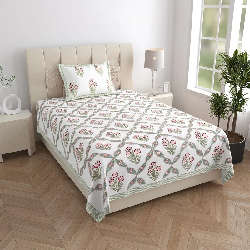 Malati I Cotton Bedsheet (Red, Light Green) - 180 TC media 1