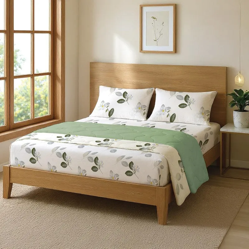 Urban Space Floral White,Green Glace Cotton,Microfiber Bedding Set (200 TC) - Four Piece Set media 1