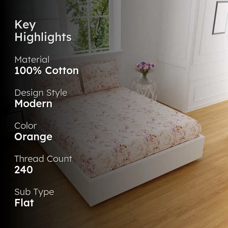 Floral Caper Cotton Bedsheet (Orange) - 240 TC media 2