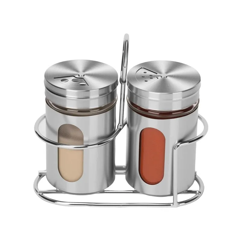 Front view of two cylindrical silver spice jars with lids and stand.