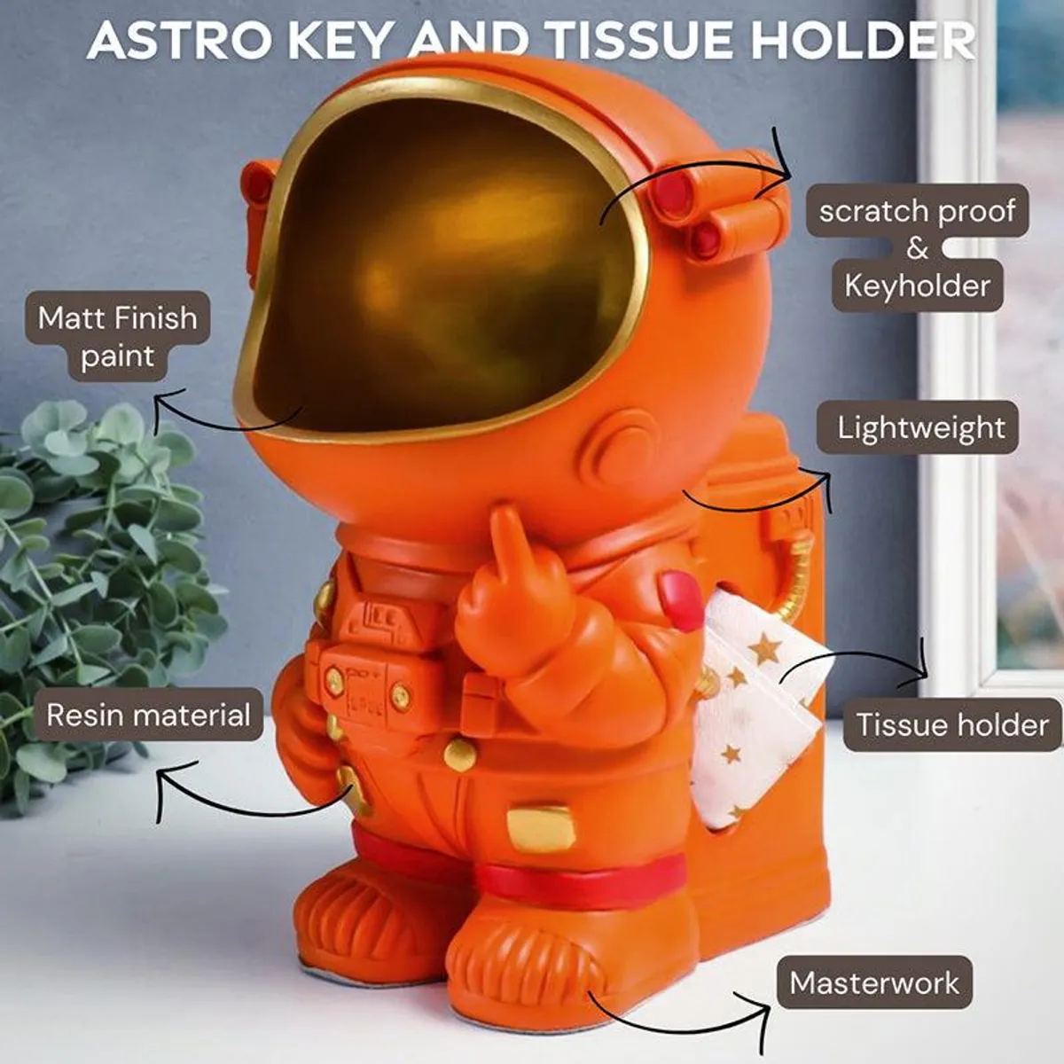 Orange astronaut showpiece with feature callout labels
