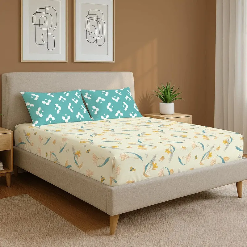 Sea Breeze Petals Floral Cotton Bedsheets (White & Blue) - 144 TC media 1