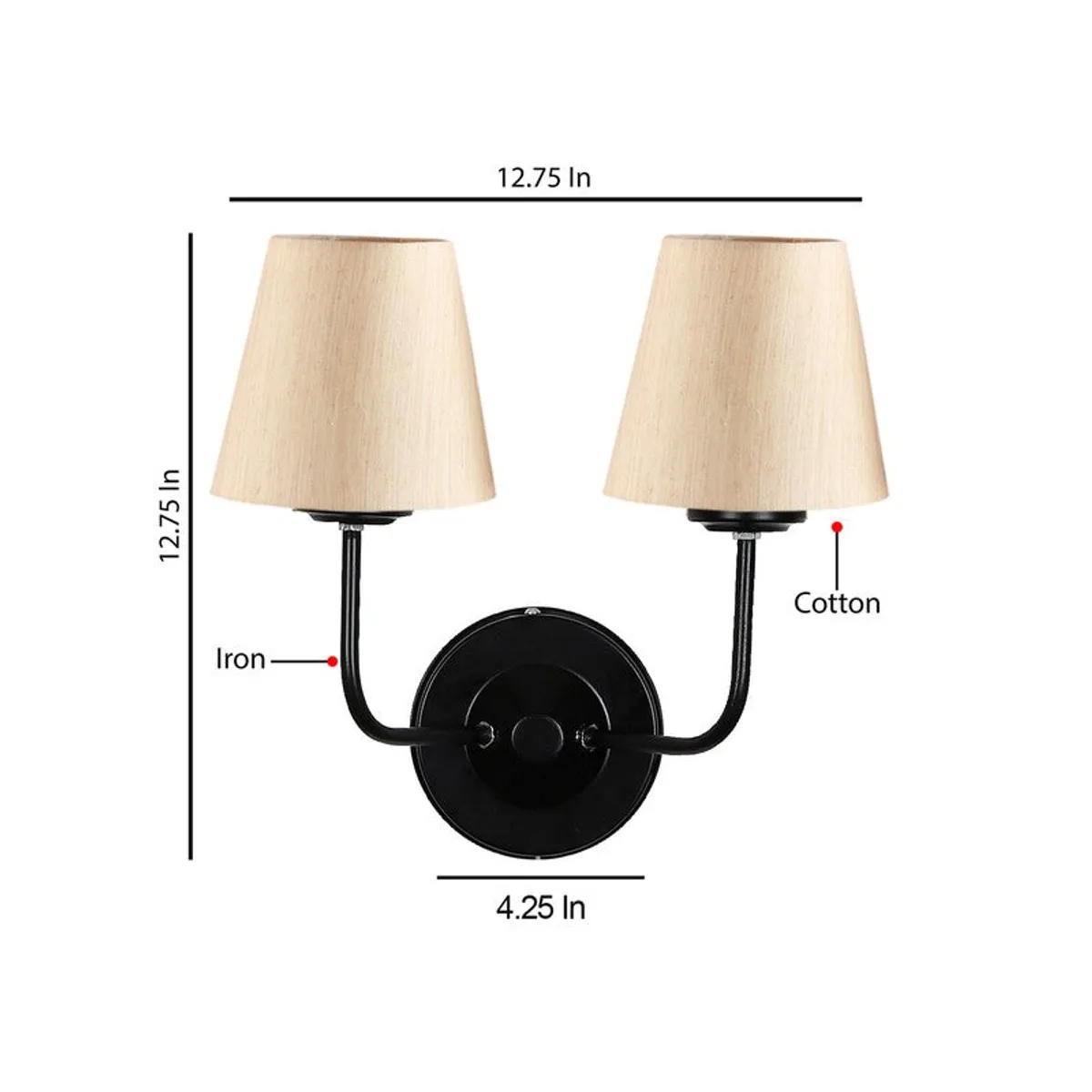 Twin beige wall lamp with black base and printed dimension markings