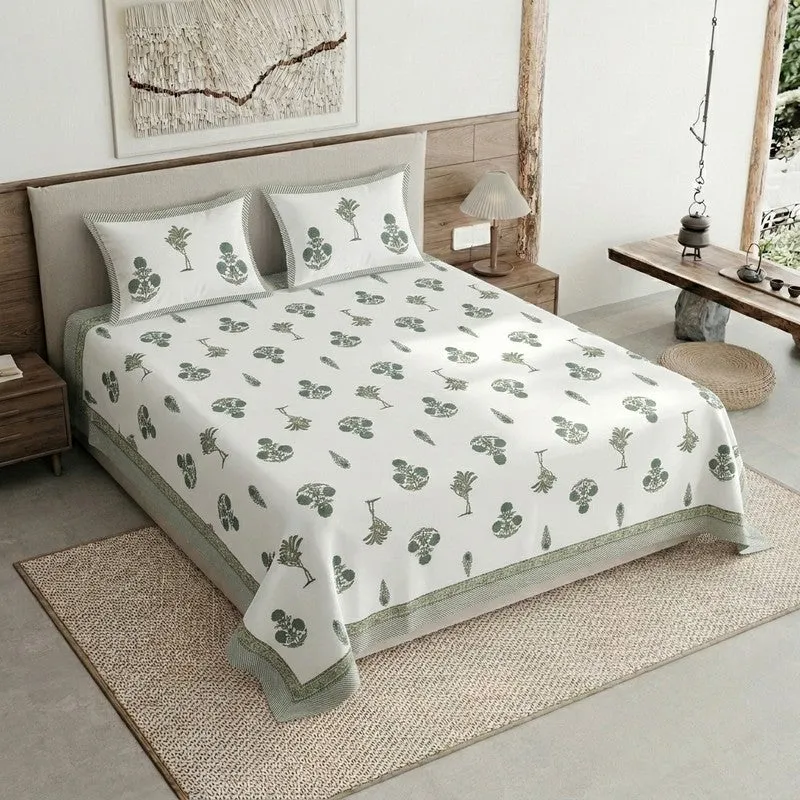 Ethnic Aura Cotton Bedsheet (Green,White) - 120 TC media 1