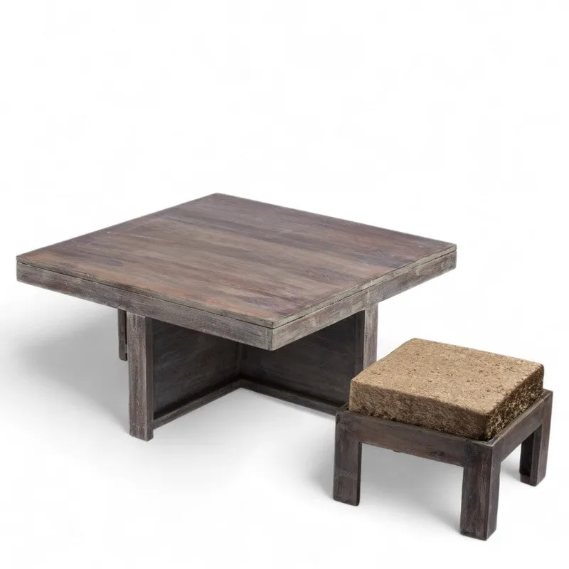 Exiron Sheesham Wooden Center Table with Stools and Cushions (Grey) - Nine Piece Set media 4