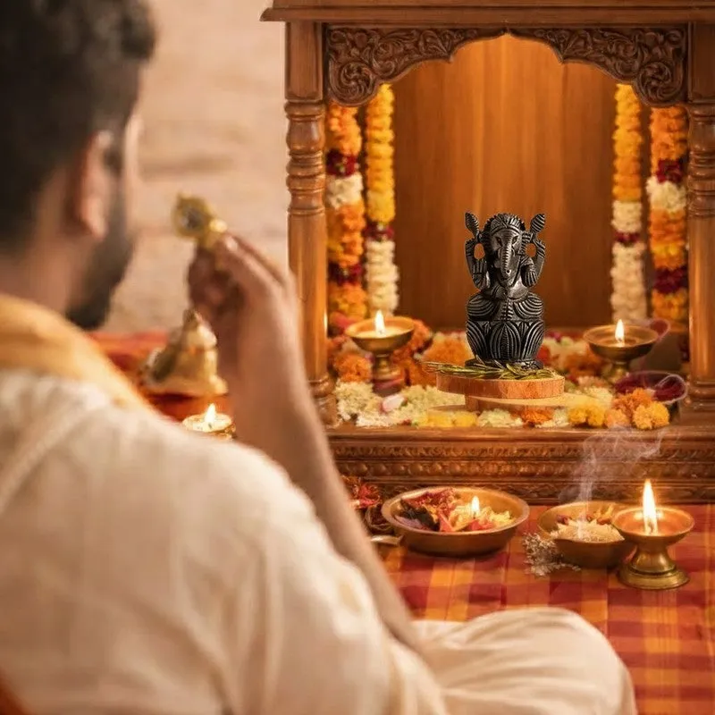 Lord Ganesh Devotional Ebony Wood Idol media 5